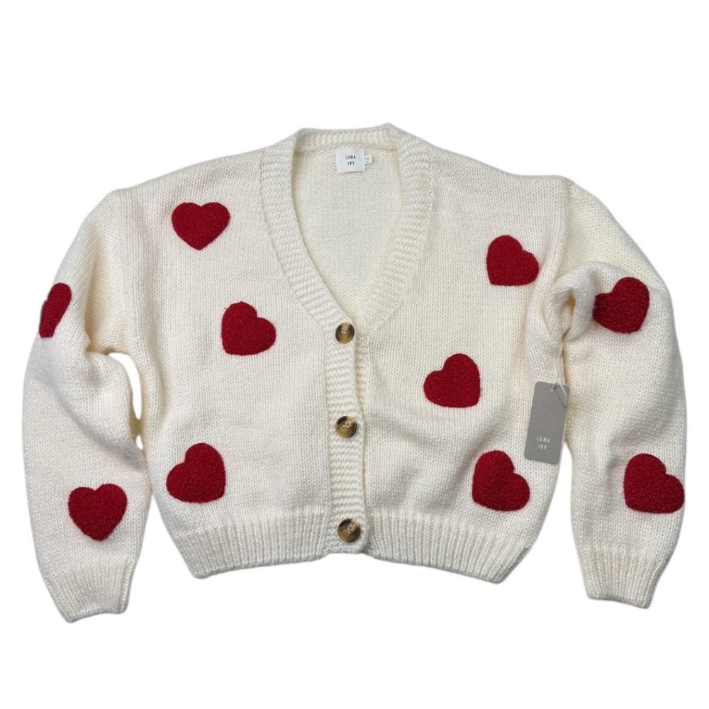 Cream Heart-Print V-Neck Cardigan with Red Hearts